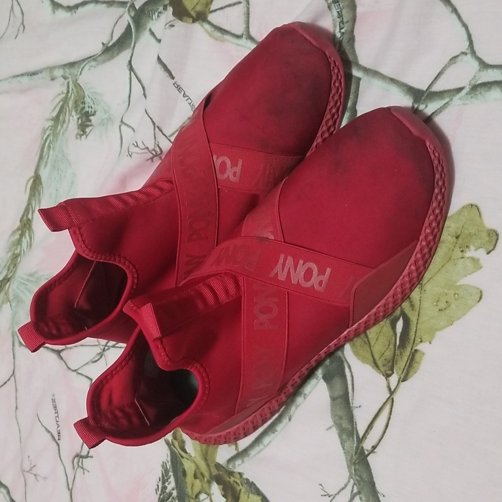 Dark red pony shoes